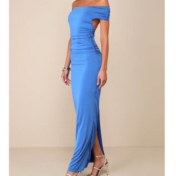 Lulus NWOT Brilliant Elegance Blue Off-the-Shoulder Backless Ruched Maxi Dress - Picture 3 of 11